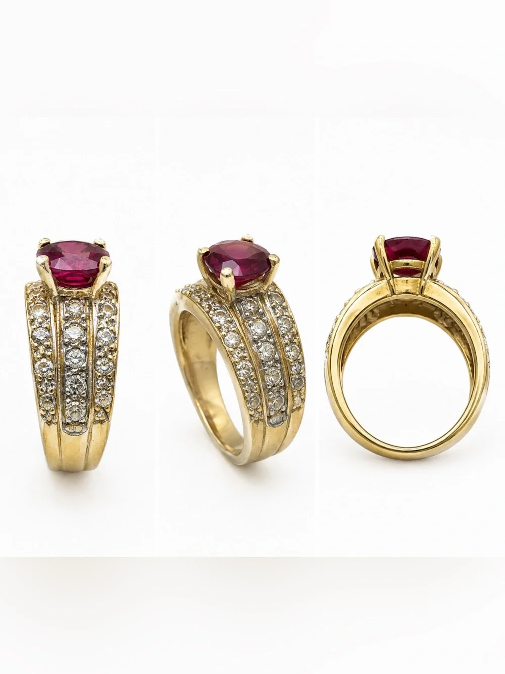 14K Gold Ruby Diamond Ring | Vintage Statement  Ring | Multi-Row Diamond.